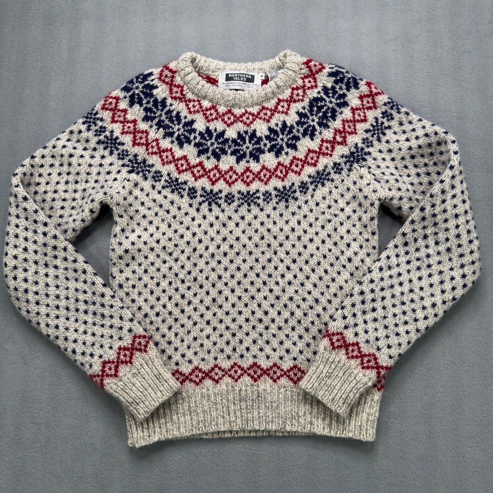 Northern Isles Fair Isle Wool Blend Sweater Boys 18 Gray Red Blue